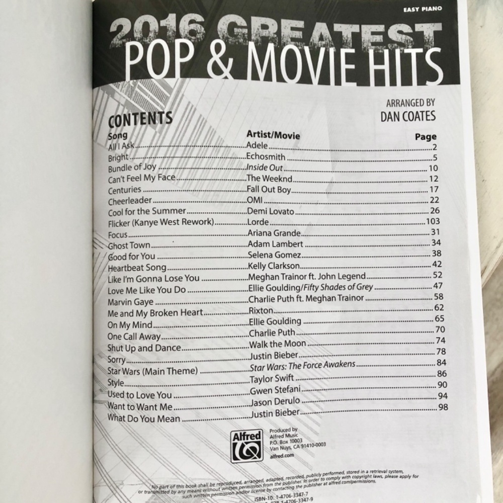 Easy Piano, 2016,‎ Greatest Pop And Movie Hits, Piano Book, 108 Pages - Picture 5 of 9